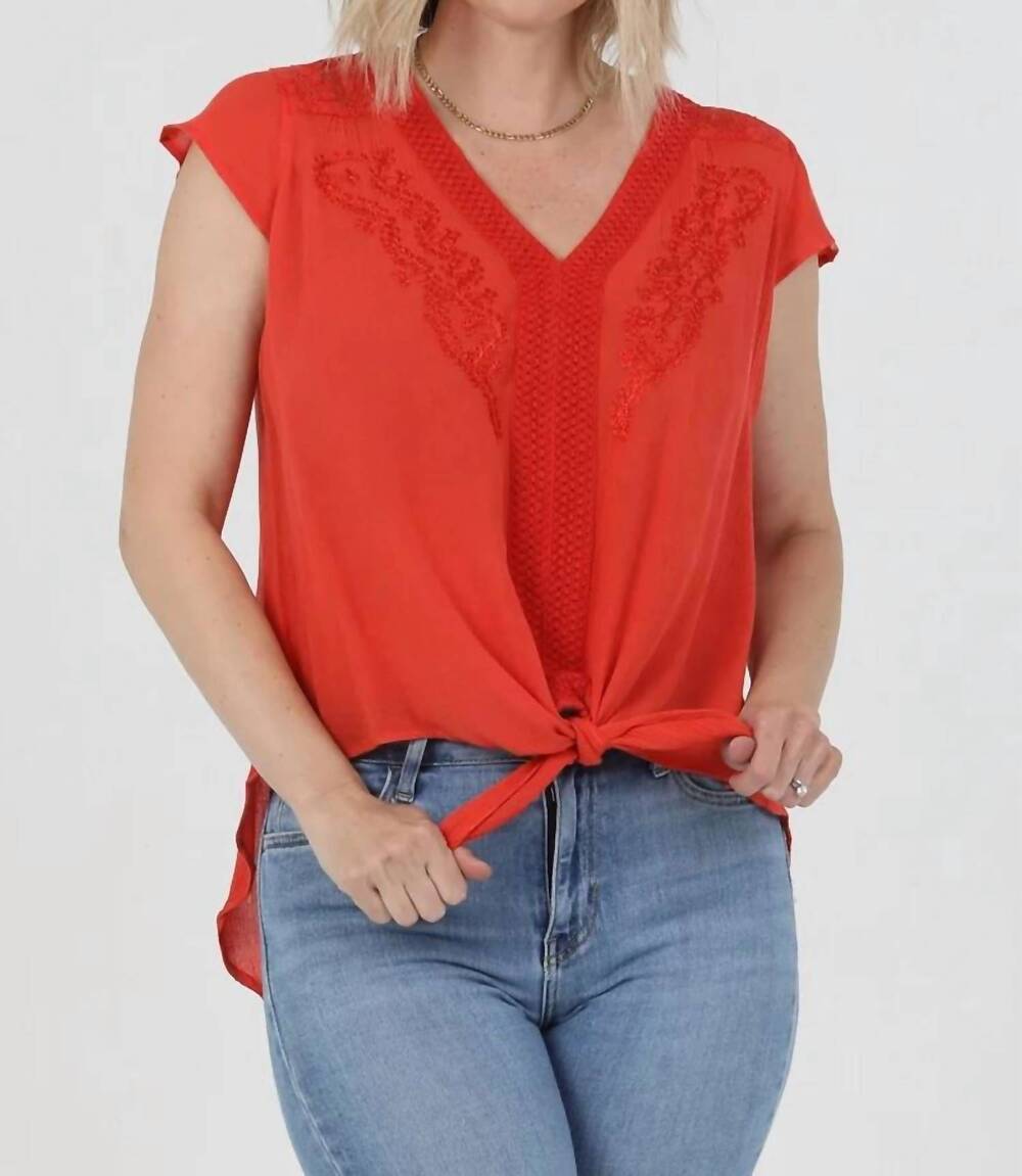 NEW NOSTALGIA v neck tie waist top with embroidery and lace in coral